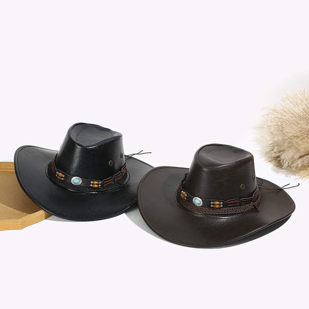 Unisex Ethnic Wind shade Western Cowboy hat Smooth leather PU Outdoor Sunblock rolled edge Knight top hat_voghion.com