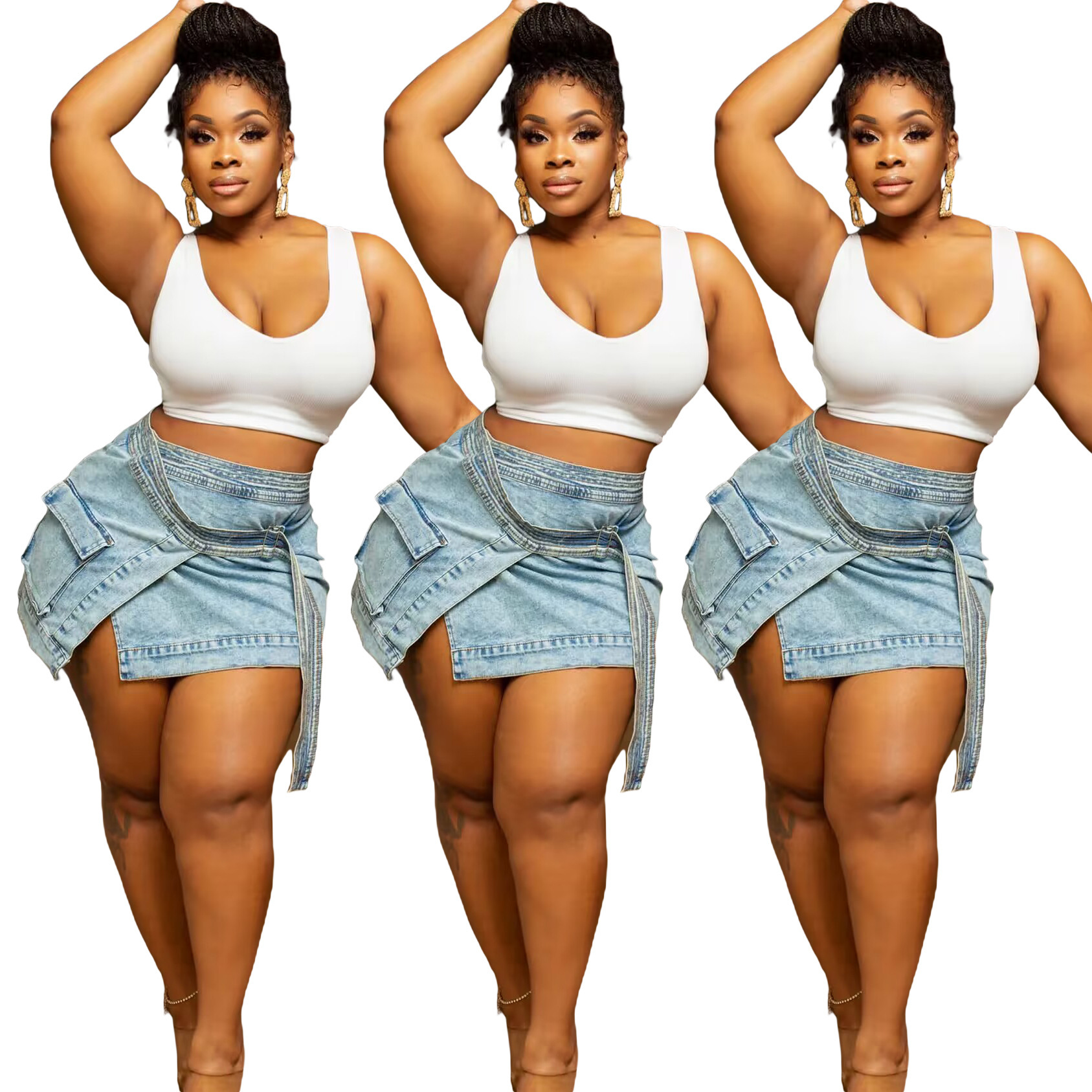 Women's Denim Mini Skirt High Slit Asymmetric With Side Pockets_voghion.com