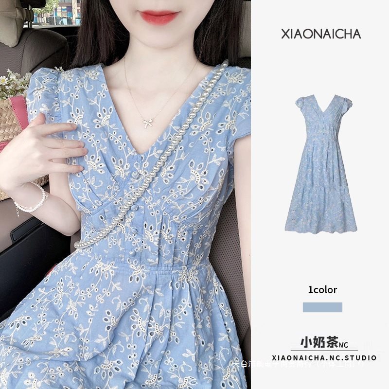 夏季法式温柔风气质蓝色桔梗领小飞袖连衣裙女小众收腰显瘦长裙|undefined