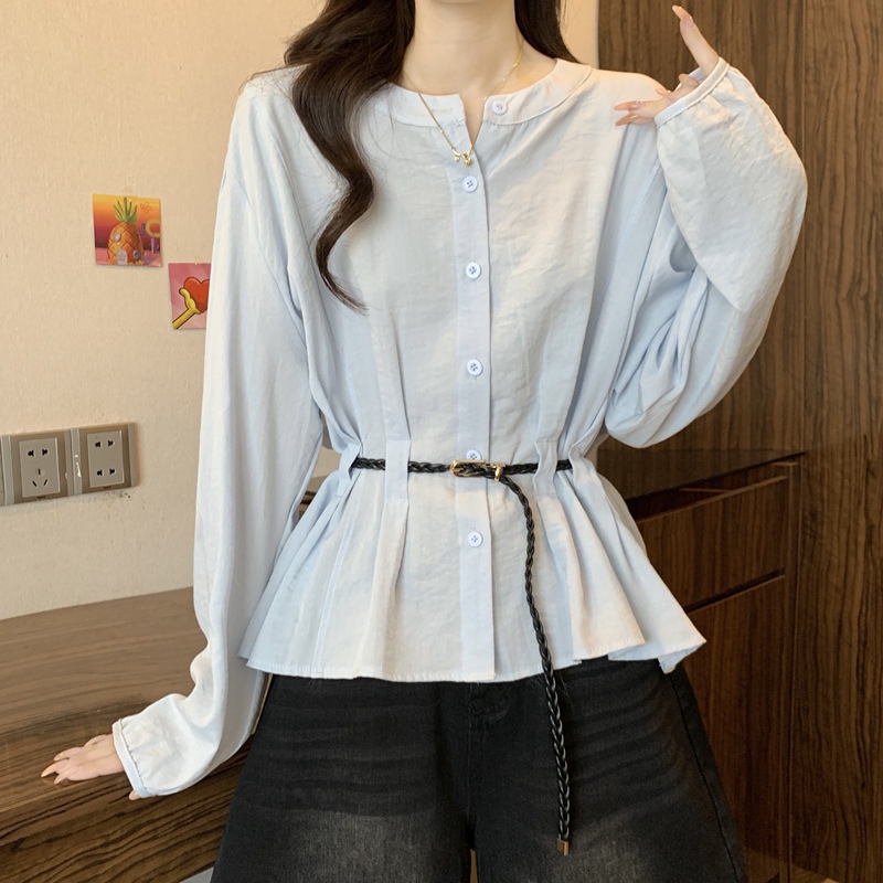 法式蓝色长袖衬衫大码女装2025秋装新款胖mm漂亮收腰遮肚上衣|undefined