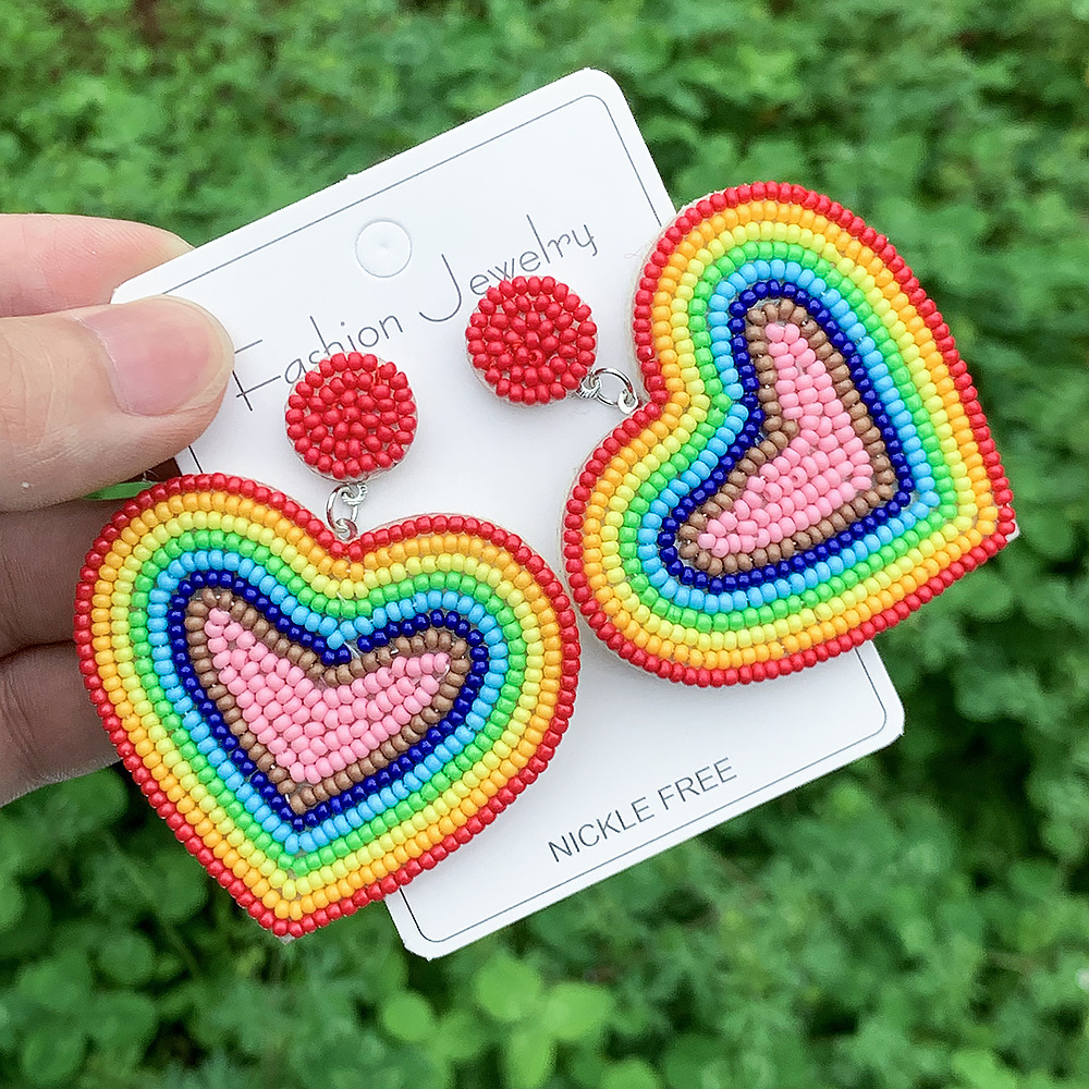Bohemian, Classic Style Style 1 Pair Bohemian Classic Style Rainbow Heart Shape Beaded Seed Bead Drop Earrings