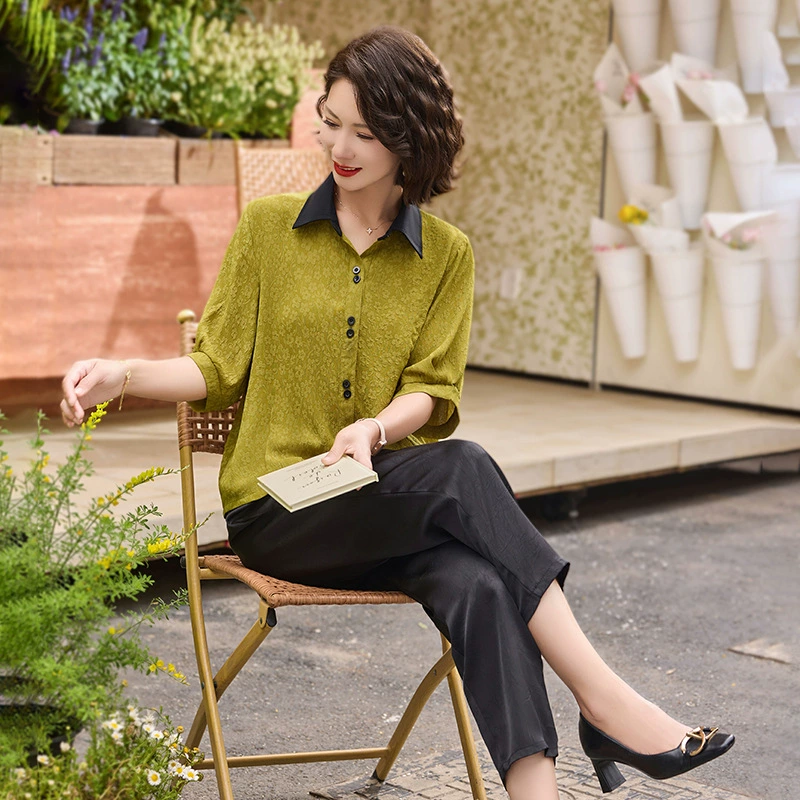 Маленькая мама Летний костюм Новый топ рубашки для пожилых женщин среднего и пожилого возраста лацканы повседневный свободный набор из двух частей