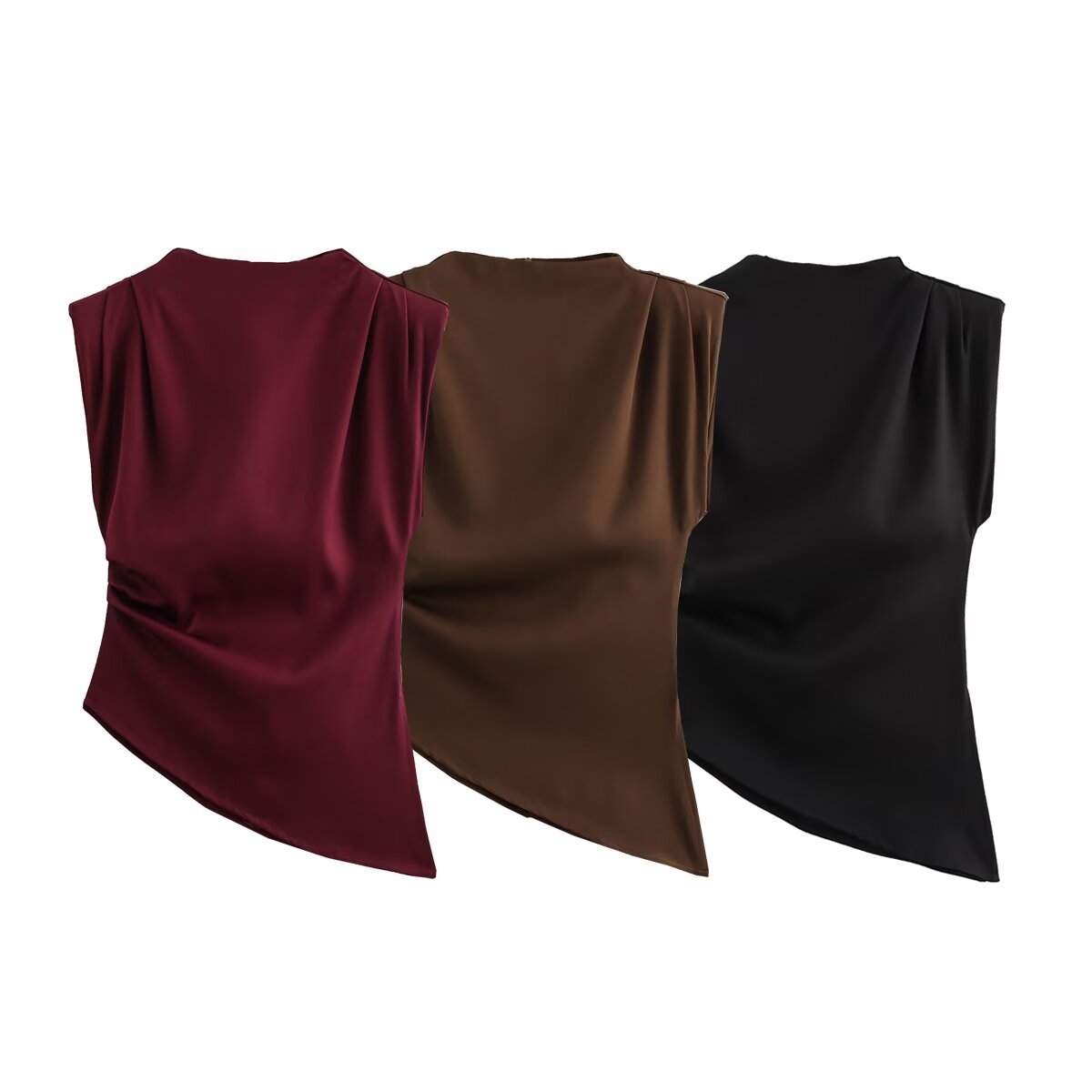 154g Weight Sleeveless Sleeve Length Wholesale Women's Casual Solid Color Wine Red Sleeveless Pleated T-Shirts