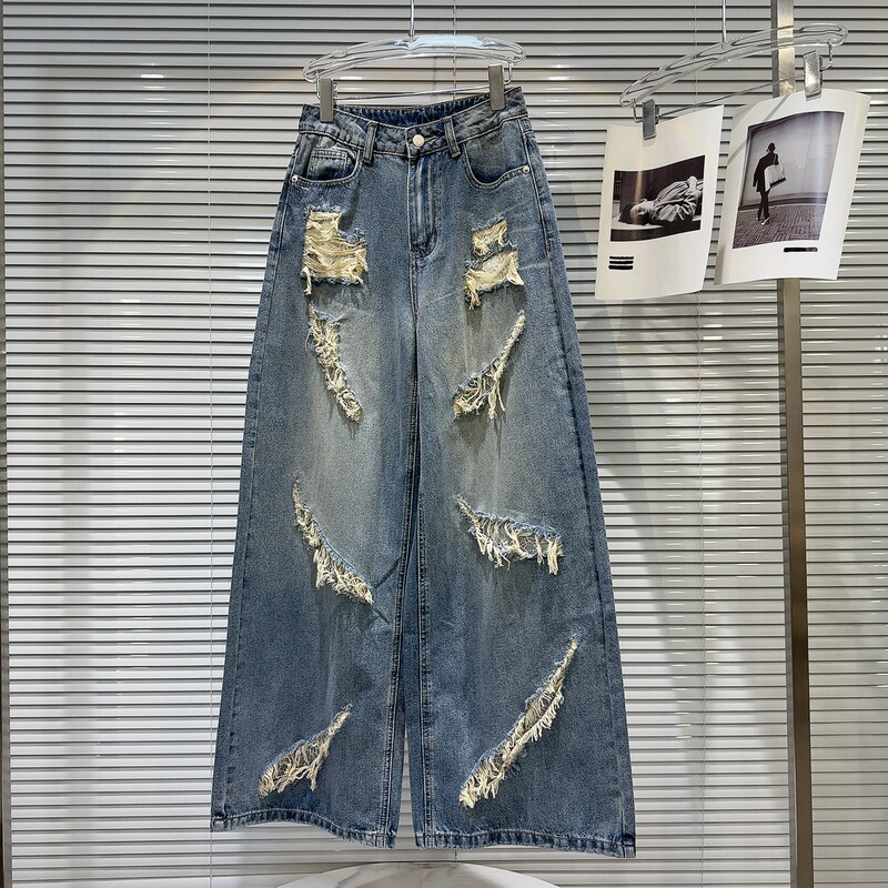 Cross-Border Exclusive 2025 Summer New Style Personality Spicy Girl Ripped Lace-Lined Washed Wide-Leg Jeans Cross-Border Exclusive 2025 Summer New Style Personality Spicy Girl Ripped Lace-Lined Washed Wide-Leg Jeans