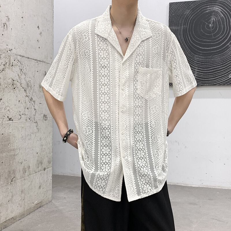 Men's Short-Sleeved Shirt, Summer Men's Thin American-Style Breathable Hollow Lace Lapel New Casual Shirt Men's Short-Sleeved Shirt, Summer Men's Thin American-Style Breathable Hollow Lace Lapel New Casual Shirt