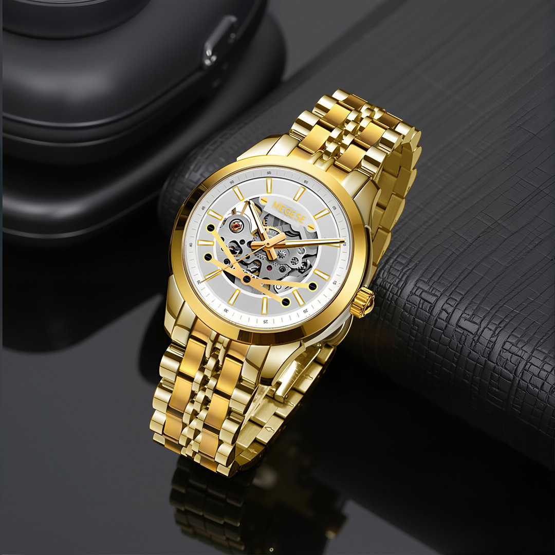 Genuine Gold Hollow Watch Men's Mechanical Watch Steel Belt Men's Business Watch Retro Light Luxury Fully Automatic Mechanical Watch
