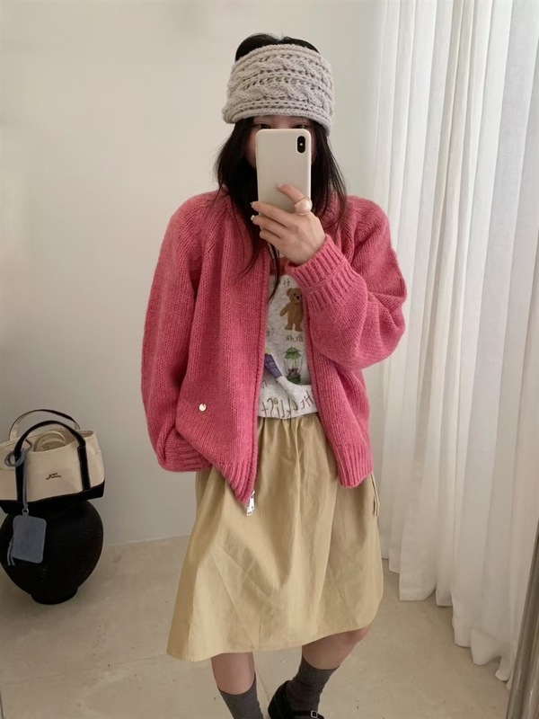 慵懒风双拉链毛衣外套女2025秋冬马海毛贝壳标简约韩系针织开衫潮|undefined