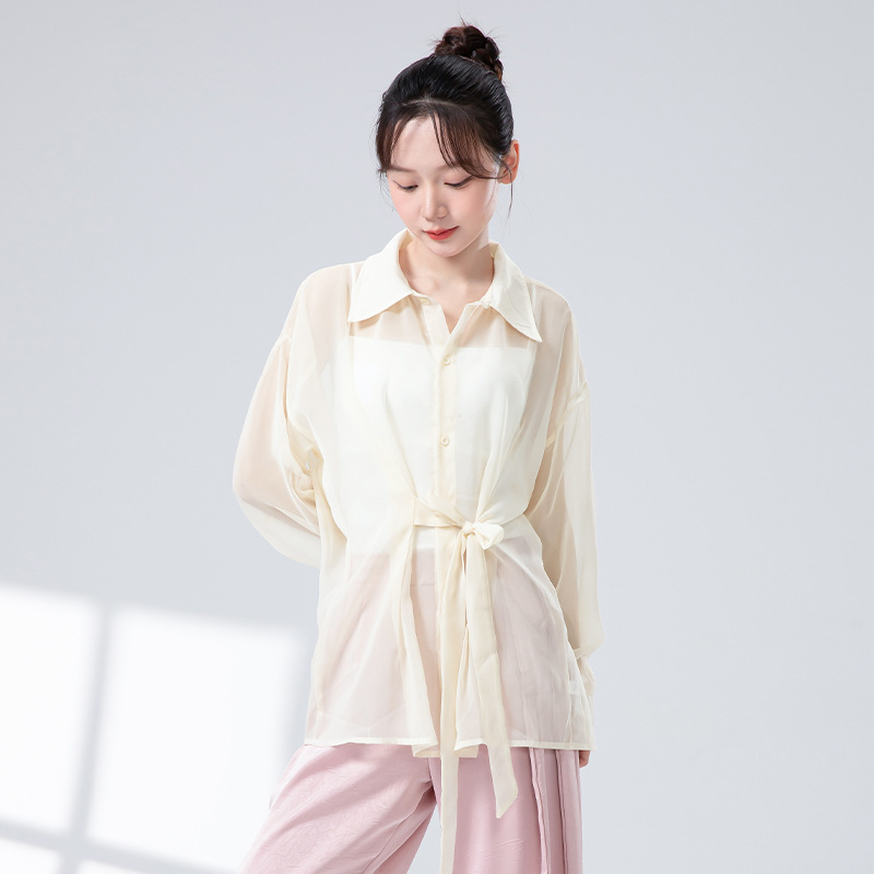 女性用モダンダンス練習服、女性用新作レースアップ日焼け止めシャツ、軽くて薄いカーディガン、エレガントで妖精のようなダンストップ|undefined