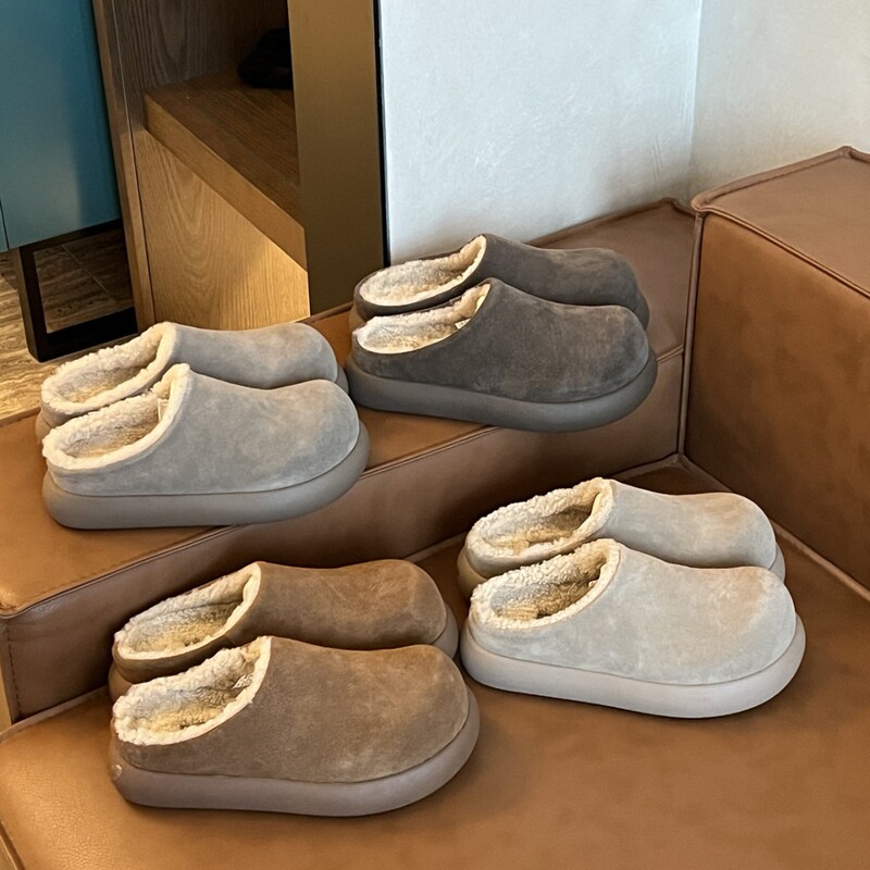 Leather Version of Potato Birkenstock Shoes Thick-Soled Toe-Cap Half-Fur Slippers for Women Winter Warm Outer Wear Muller Snow Boots