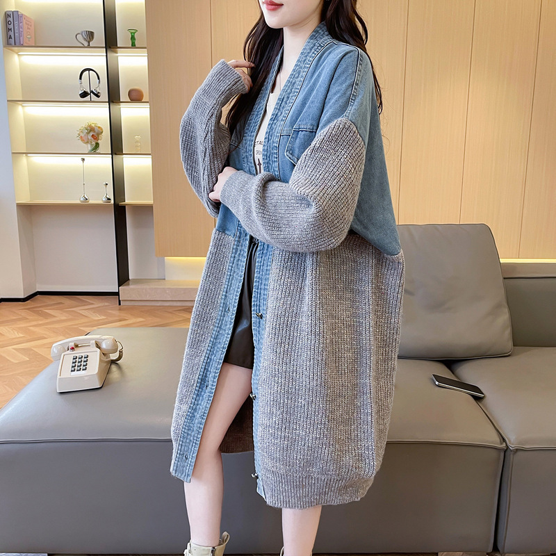 欧洲站牛仔拼接中长款毛衣外套女2025年秋冬新款宽松洋气百搭上衣|undefined