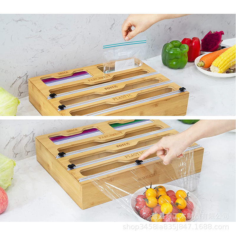 竹製の生鮮食品ラップカッター、分割されたアルミホイルの壁掛け引き出し型収納ボックス|undefined