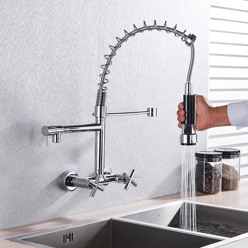 Foreign trade into the wall spring faucet kitchen cold and hot dual function gold double water universal rotating cross-border exclusive supply