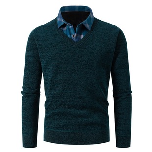 25 Middle-Aged and Elderly Winter Clothing New Export Men's Fake Two-Piece Shirt Collar Fleece-Lined Knitwear Casual Bottoming Knitwear for Men