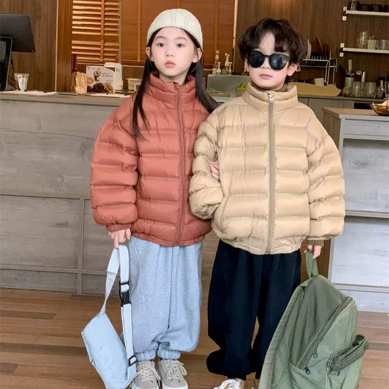 韩版男女童羽绒服2023冬季新款儿童国标90白鸭绒纯色贴条面包服潮