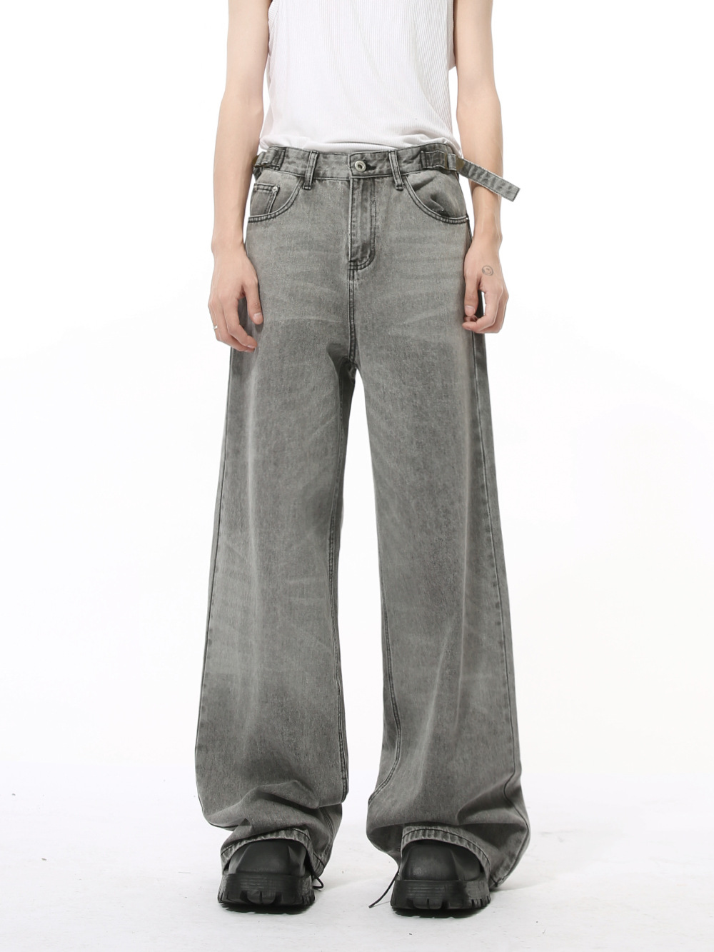 MTLCLOTHES Hombres| Otoño nuevo nicho retró cinturón ajustable rectas sueltas jeans grises