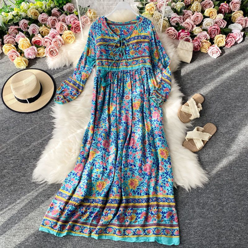 Thai Travel Photography Ethnic Style Retro Long Skirt Bohemian Loose Floral Maxi Beach Vacation Dress