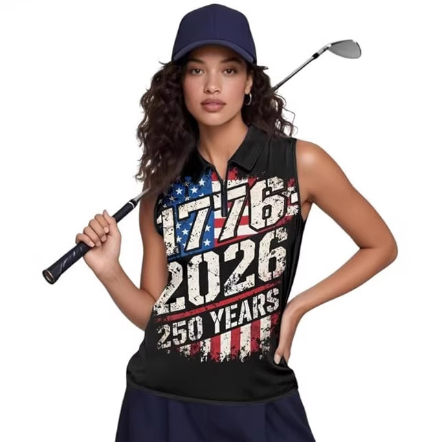 European and American Cross-Border Popular Independence Day Sleeveless Golf Polo Shirt Women's V-Neck Tennis Top Zip-Up Sports Shirt European and American Cross-Border Popular Independence Day Sleeveless Golf Polo Shirt Women's V-Neck Tennis Top Zip-Up Sports Shirt