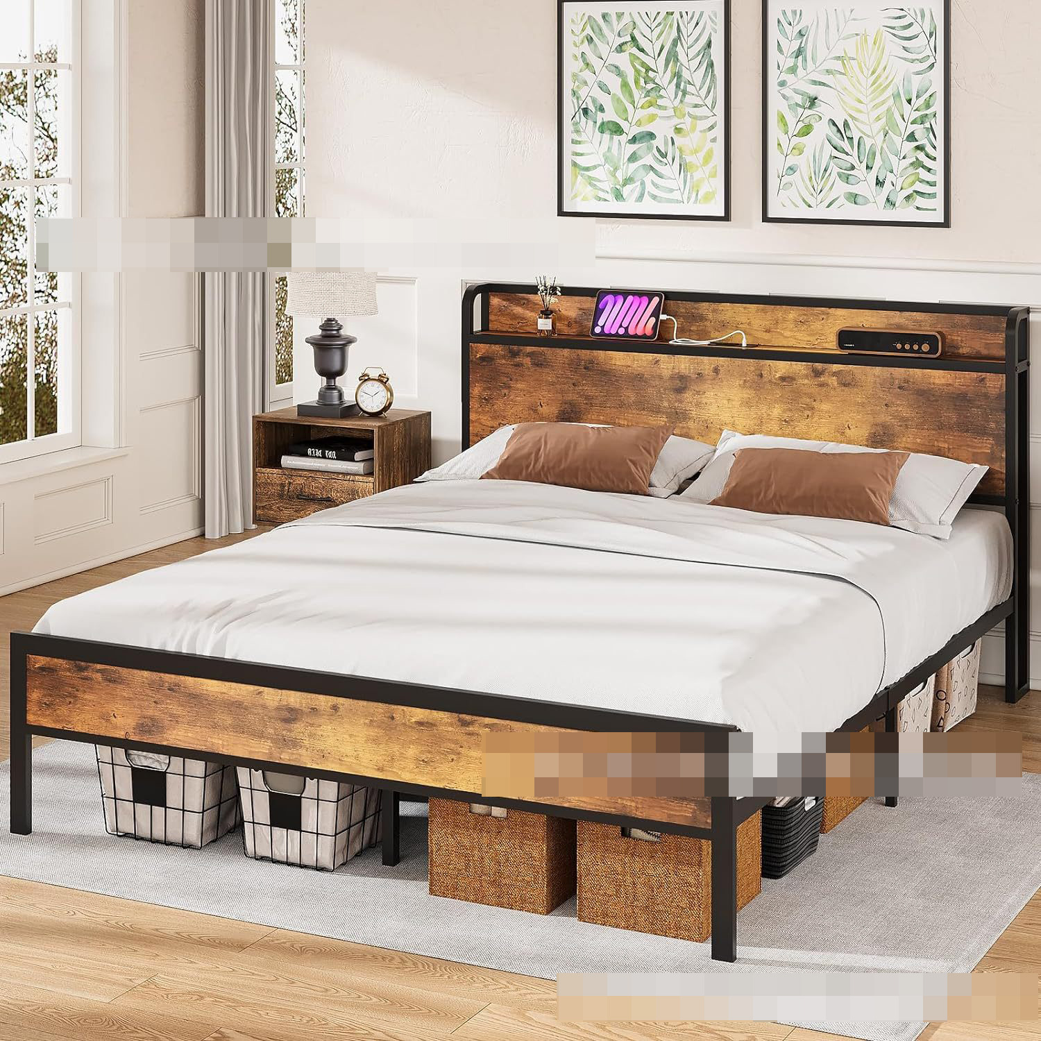 Amazon's Best-Selling Iron Bed with Bedside Storage and American Standard Plug-In Iron Wood Bed Frame Practical Iron Double Bed Frame