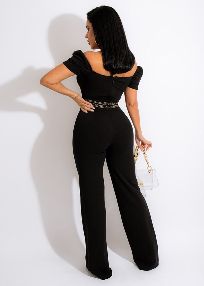 print solid color one-word shoulder puff sleeve wide-leg jumpsuit NSHOM129604