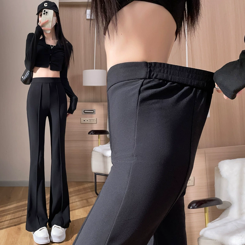 Настоящий снимок костюма-клеш для женщин. Весна 2023. Высокая талия для похудения и драпированные повседневные брюки с эластичной резинкой на талии для маленьких людей.