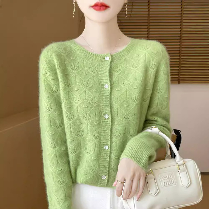 Spring and Autumn 100 Pure Wool Sweater Women's Thin Hollow Knitted Cardigan New Knitted Round Neck Long Sleeve Sweater Jacket