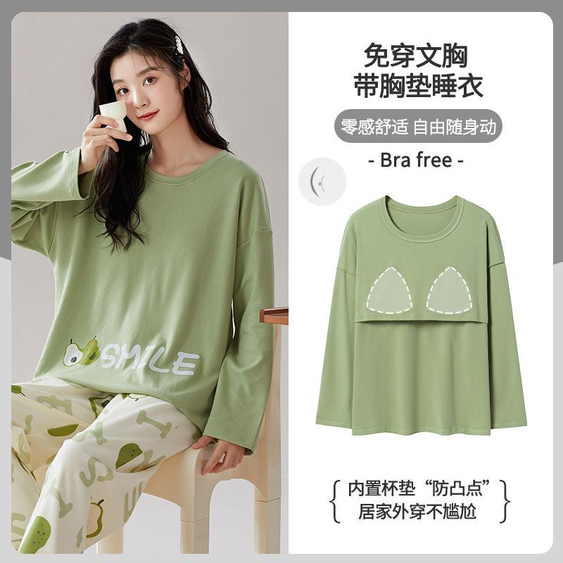 Pure cotton women's pajamas with built-in chest pads, long-sleeved and long-legged set for spring and autumn, and a cute and sweet cartoon-style loungewear set for fall and winter