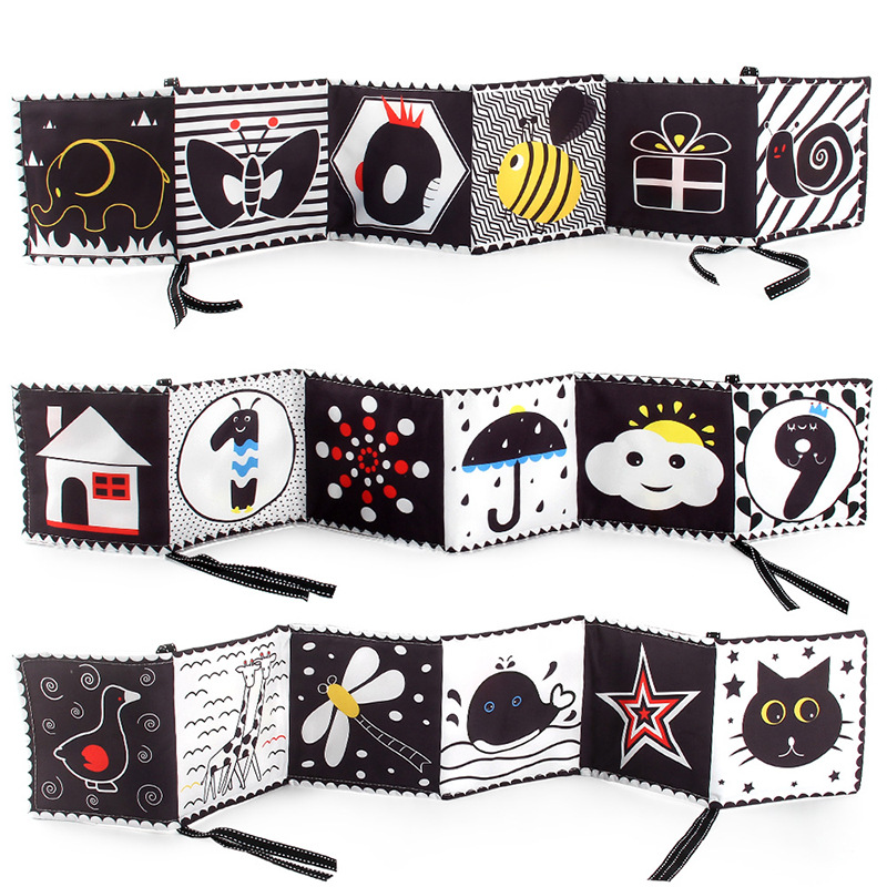 Bebé de educación temprana juguetes educativos de doble cara libro de tela blanco y negro cama de los niños circunferencia colgante forma cognitiva animal bebé libro de tela