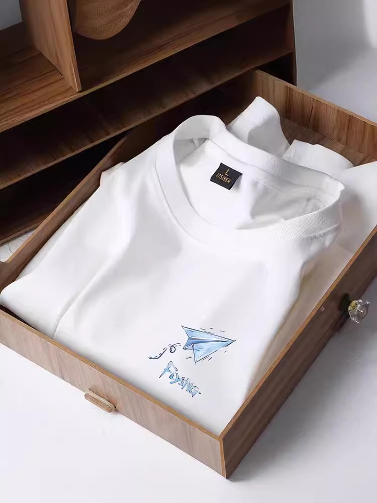 Verano de Hong Kong blanco cuadrado seda de hielo de cuello redondo camiseta de hombre impresa casualidad vintage camiseta de pareja