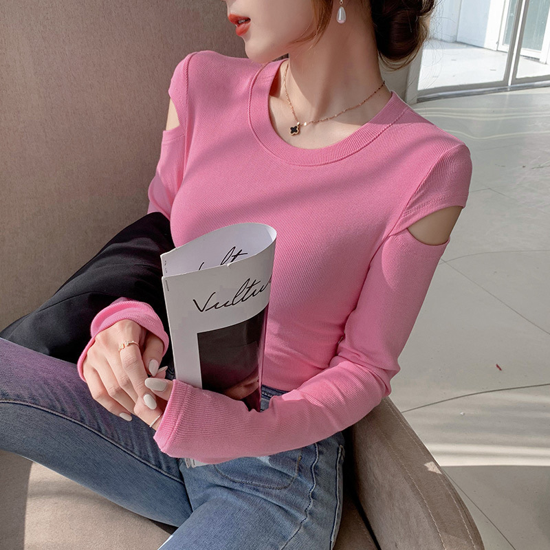 Hollow-out Leaky Shoulder Long-sleeved T-shirt Women's Slim-fit 2023 Early Autumn New Western-style Base Shirt Design Sense Shoulder Top Trendy