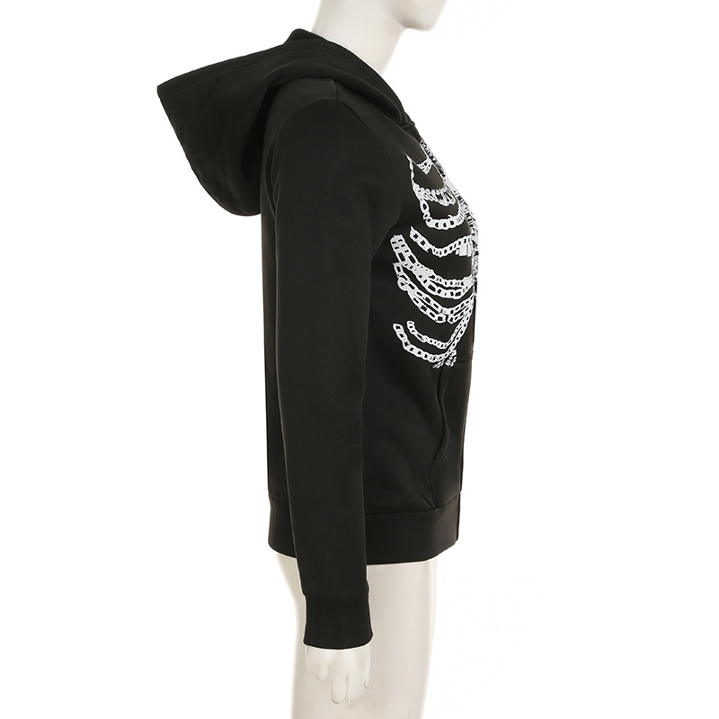Culture Chain Bone Print Loose Hooded Sweatshirt Sexy Street Niche Casual Zipper Thin Coat