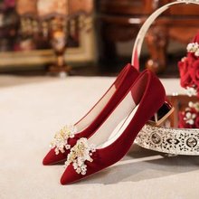 红色中式秀禾婚鞋新娘鞋单鞋女鞋粗跟高跟鞋孕妇可穿2025新款