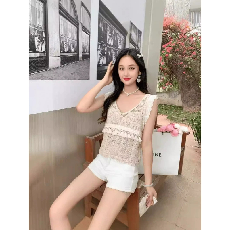 Богемный 2024 летний новый ажурный трикотажный камзоловый жилет женский внешний дизайн чувство нишевые топ без рукавов