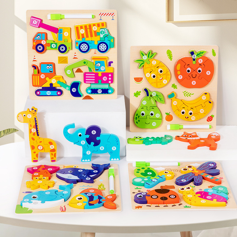Tablero de rompecabezas de animales hecho a mano para bebés y niños, juguete de regalo de forma de rompecabezas cuatro en uno, madera de rompecabezas de educación temprana Montessori