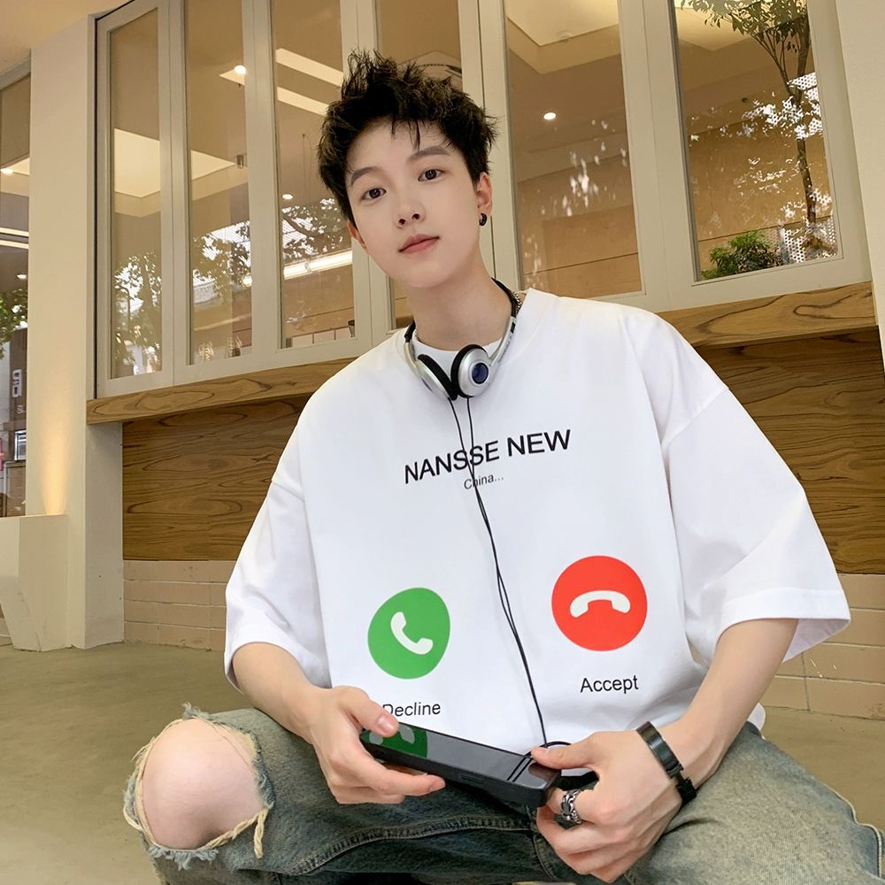 2024 T-shirt Short-sleeved Men's Summer All-match Fashionable Loose Casual Half-sleeved American Style Trendy Brand T-shirt for Teenagers