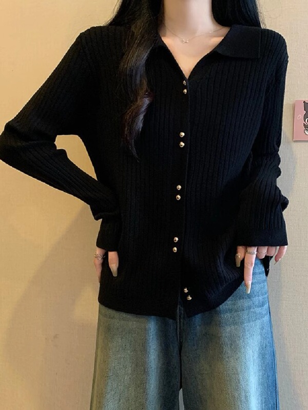 Jingya ポロカラートップ女性の秋の韓国スタイル長袖ニットカーディガン女性のセーターはお腹をカバーし、スリムでスタイリッシュなトップス|undefined