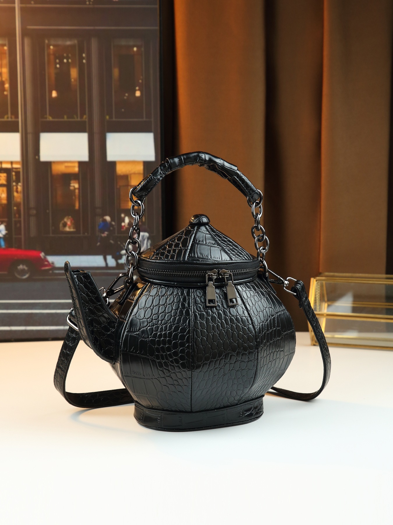 Quirky Crocodile Pattern Shoulder Bag Novelty Teapot Shaped Handbag_voghion.com