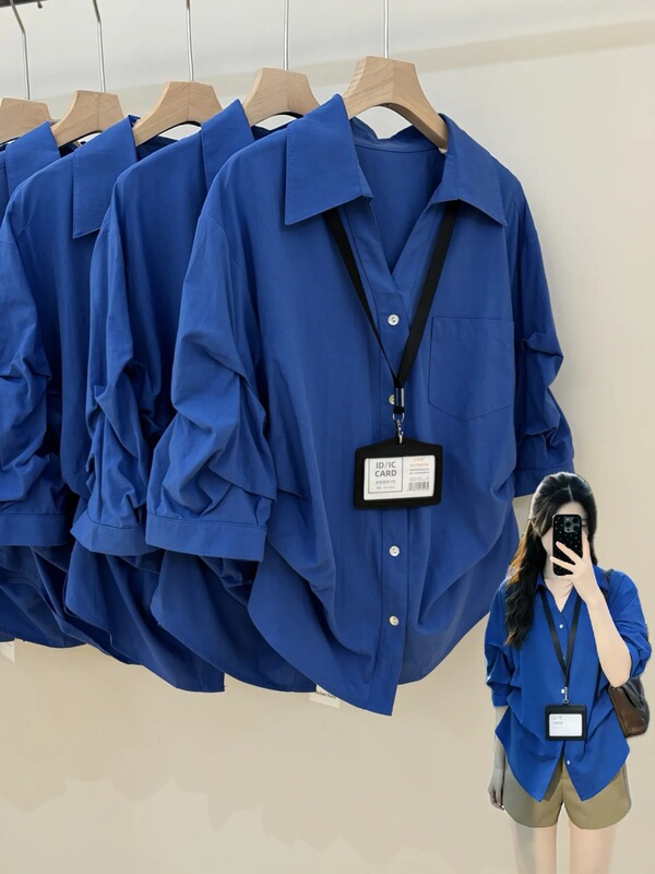 Blue high-end women's shirt, new spring-summer style, loose-fitting, slimming, fashionable, versatile, pleated cardigan top Blue high-end women's shirt, new spring-summer style, loose-fitting, slimming, fashionable, versatile, pleated cardigan top