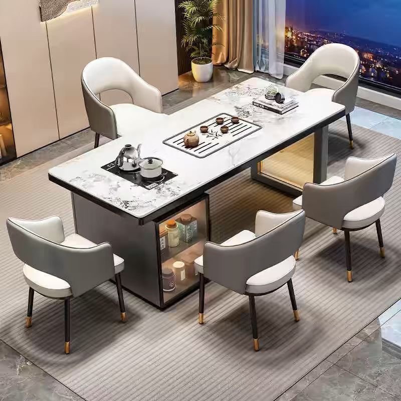 Red de Internet mesa de té de losa de roca de lujo ligero de estilo italiano, un conjunto completo de mesas y sillas de té de kung fu de oficina, mesa de té rectangular