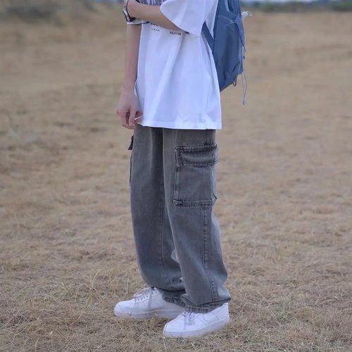 Trendy Japanese-style built-in belt cargo pants blue jeans men's loose-fitting versatile wide-leg straight-leg casual pants