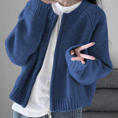 蓝色毛衣外套女针织开衫学生国潮牌秋外穿拉链上衣通勤卫衣加厚