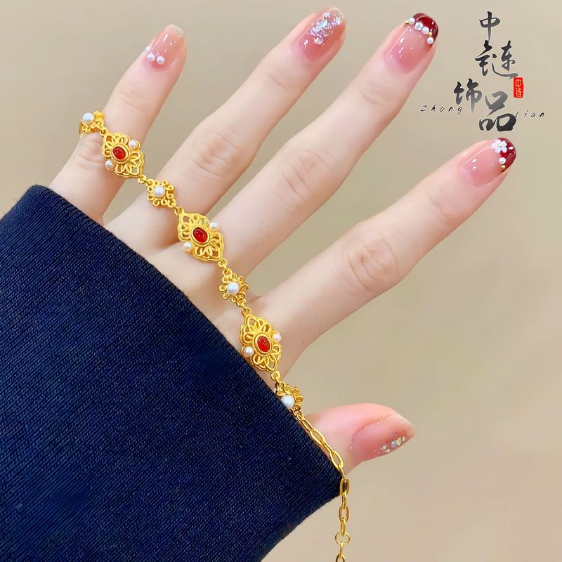 金店同モデル高保色古法沙金花糸鳳熹ブレスレット女気高い気質ルビー真珠ブレスレット|undefined