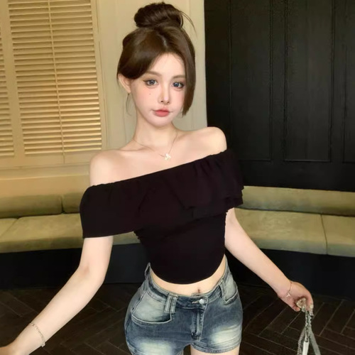 Pure Desire Ins Off-the-Shoulder Sexy Girl Revealing Shoulder Short Sleeve T-Shirt Women's New Summer Korean Version Slimming Top Women's Trendy