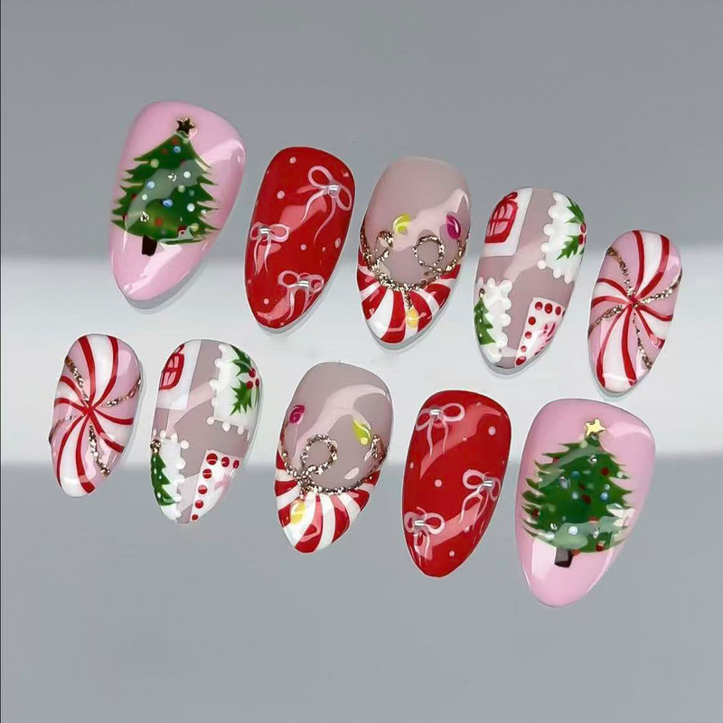 Christmas Press-On Nails Pink Christmas Tree Hand-Painted Candy Cane Bow Holiday Party Fake Nail Stickers Wholesale
