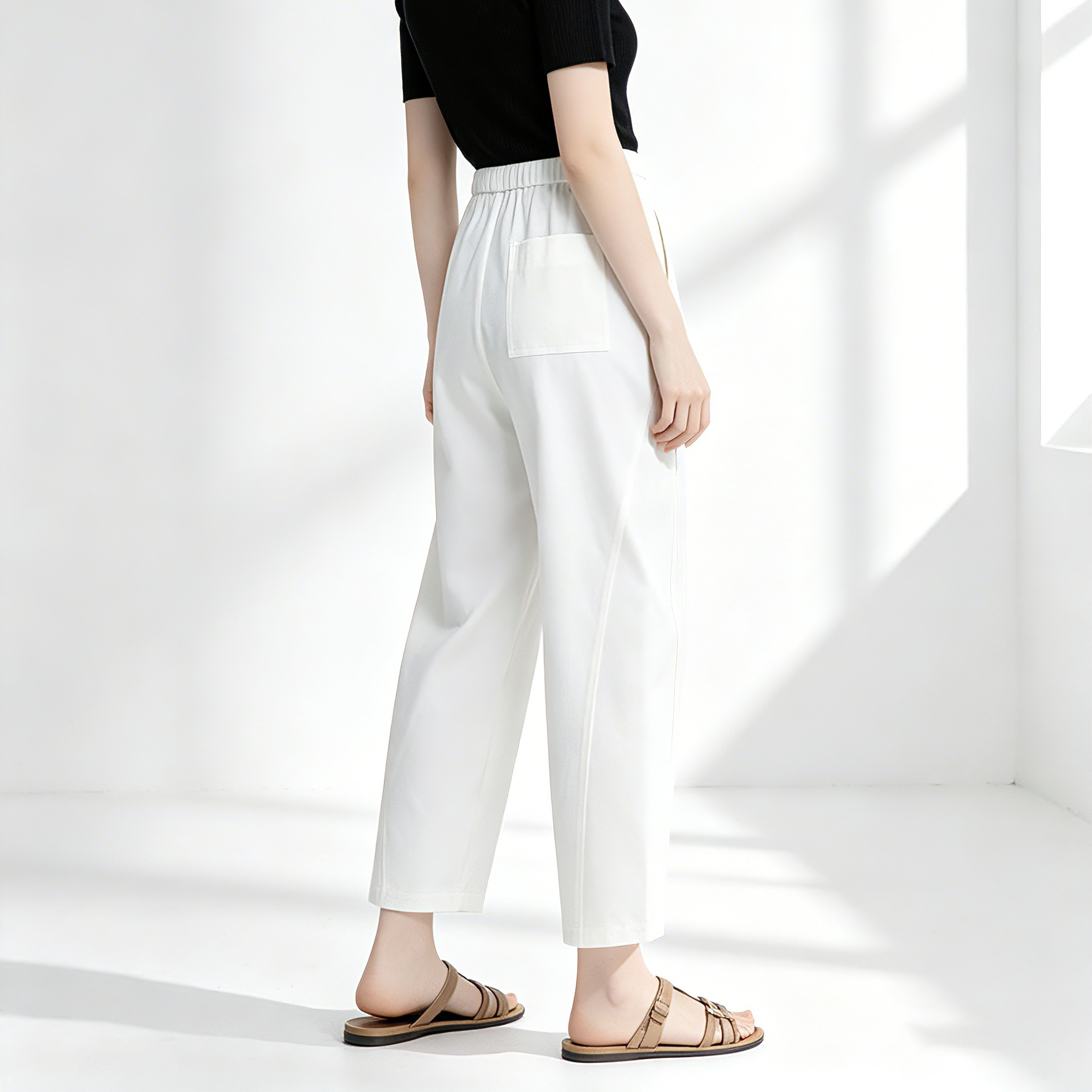 Quần culottes nữ ống rộng cạp chun rút dây dáng lười — Xanh lông mòng đen chi tiết 4