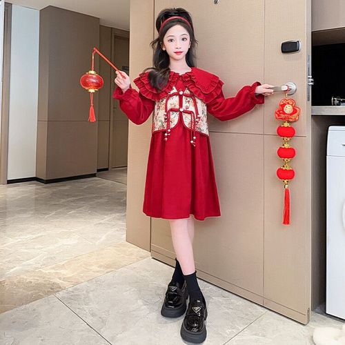 女童连衣裙中国风红色加绒秋冬装儿童洋气新年服女孩假两件公主裙