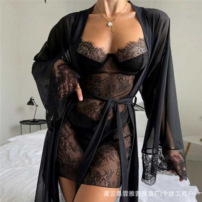 New foreign trade European and American style sexy nightgown with straps, sexy lingerie exclusively for cross-border sales, mesh lace strap dress