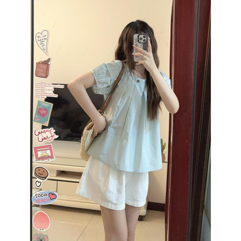 Pregnant Women's Summer Dress French Style Small Fresh Round Bubble Sleeve Shirt 2025 New Loose Elegant Top Abdominal Pants Pregnant Women's Summer Dress French Style Small Fresh Round Bubble Sleeve Shirt 2025 New Loose Elegant Top Abdominal Pants