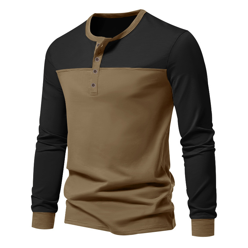 Monochrome Man- 2024 Autumn New European Size American Retro Color Block Henry Collar Base Shirt Men's Long Sleeve T-Shirt_viptrois.com