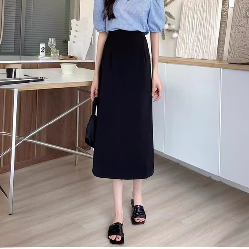 2025 new summer temperament black high waist dress large size A-line skirt slimming fashionable medium long skirt high waist
