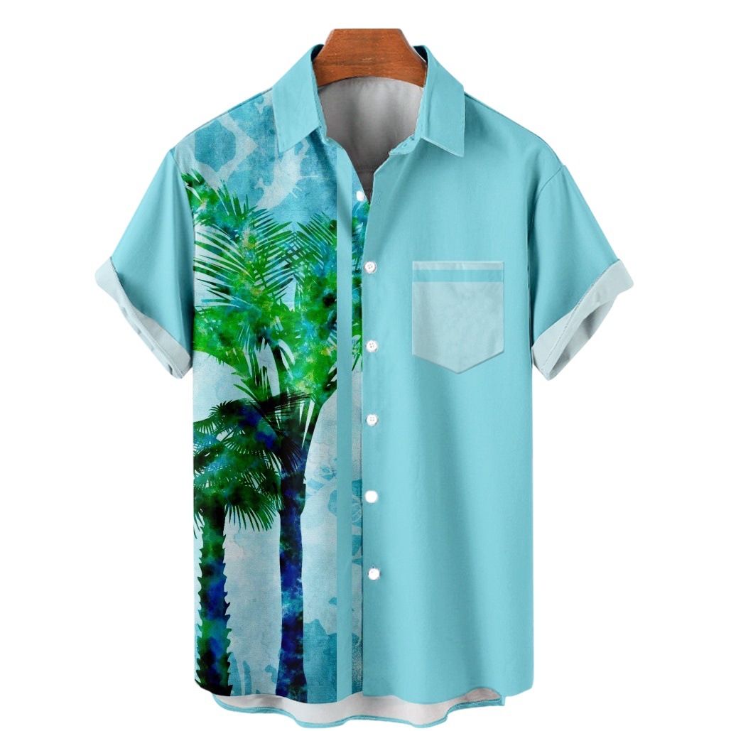 2023 Amazon nuevo transfronterizo Hawaiano planta color bloque patrón de impresión más tamaño de bolsillo de los hombres camisa de manga corta